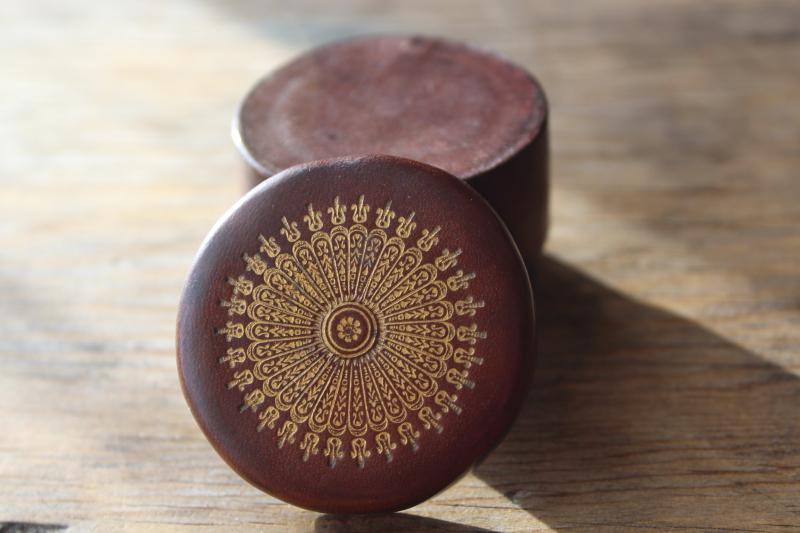 photo of vintage leather desk accessory, little round box postage stamps roll holder dispenser #3