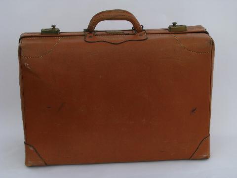 photo of vintage leather luggage, antique suitcase w/ brass Gladiator label #1