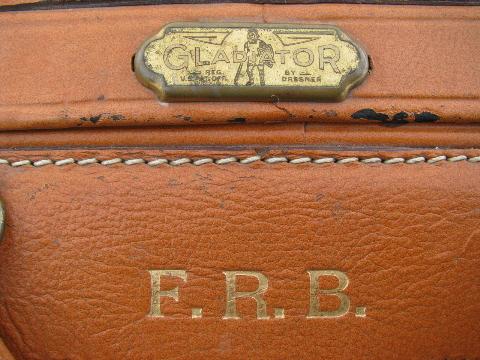 photo of vintage leather luggage, antique suitcase w/ brass Gladiator label #7