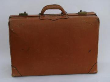 catalog photo of vintage leather luggage, antique suitcase w/ brass Gladiator label