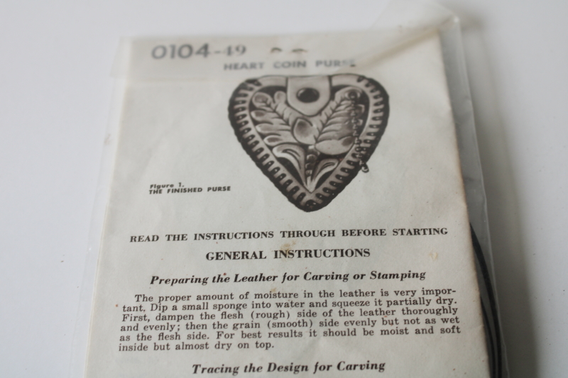 photo of vintage leather working kit, mini heart shape coin purse tooled leather craft  #2