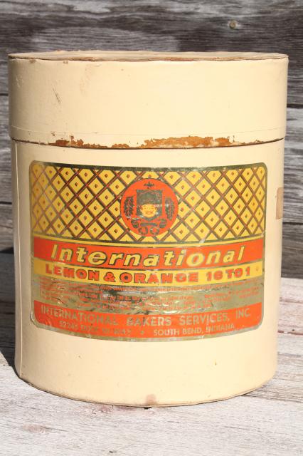 photo of vintage lemon orange label bakery / confectioner's can, heavy cardboard tub band box #1