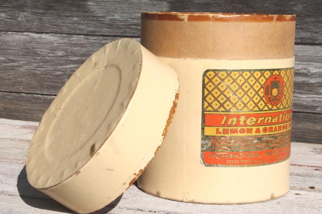 photo of vintage lemon orange label bakery / confectioner's can, heavy cardboard tub band box #3