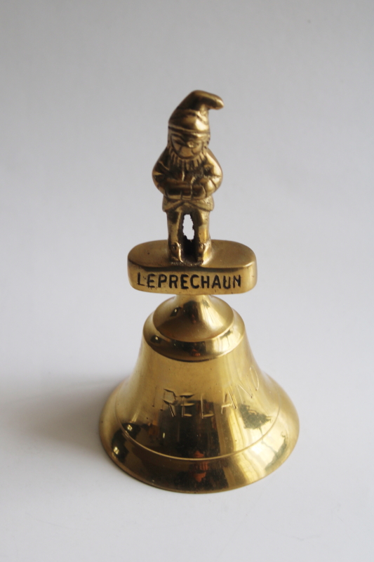 photo of vintage leprechaun gnome figural bell, solid brass fairy chime hand bell #1