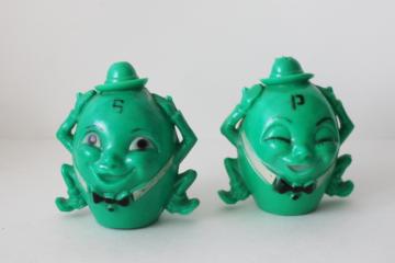 catalog photo of vintage leprechaun green Humpty Dumpty S&P set, hard plastic salt & pepper shakers 