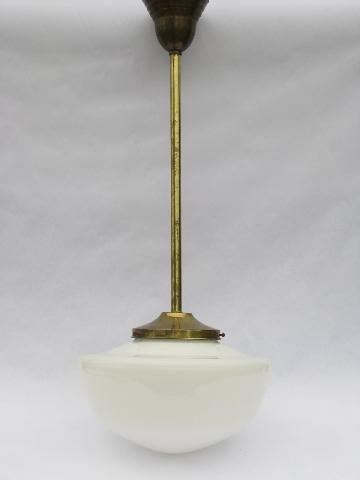 photo of vintage lighting, brass rod schoolhouse or industrial pendant light, old glass lamp shade #1