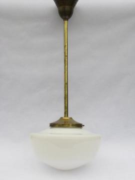 catalog photo of vintage lighting, brass rod schoolhouse or industrial pendant light, old glass lamp shade