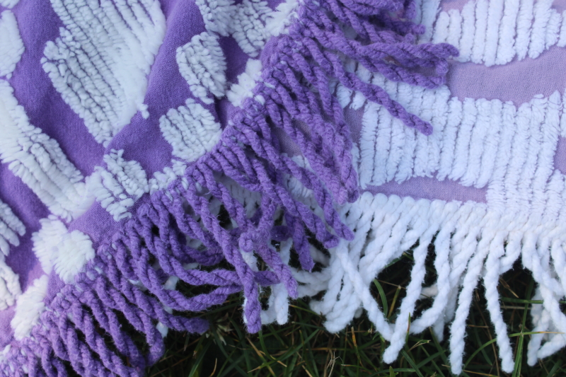 photo of vintage lilac purple & white chenille bedspreads, two mismatched chenille spreads cottage chic  #6