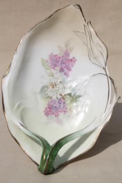 catalog photo of vintage lilacs floral RS Prussia china bowl, leaf shaped pin tray / trinket dish