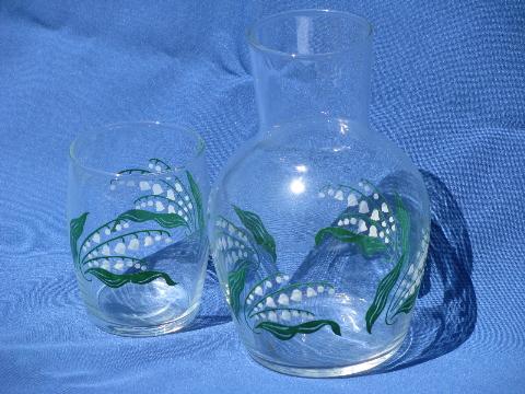 photo of vintage lily of the valley glass tumble up bedside carafe w/ tumbler #2