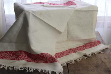 catalog photo of vintage linen damask fabric, antique bath or kitchen towels w/ turkey red woven borders