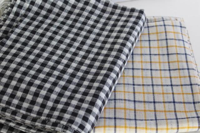 photo of vintage linen fabric, black gingham checked material, tattersall blue & mustard gold #1