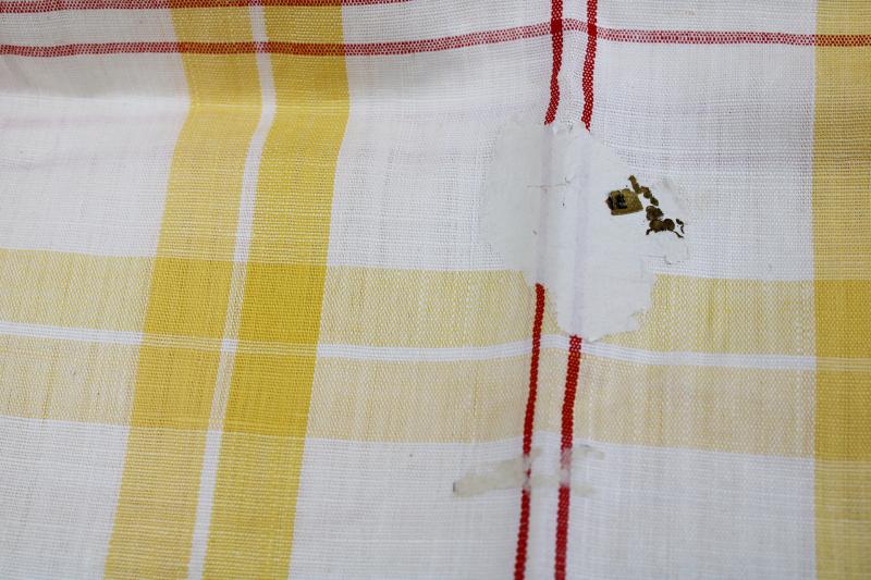 photo of vintage linen fabric for kitchen towel or table runner, yellow white plaid w/ red #2