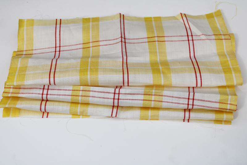 photo of vintage linen fabric for kitchen towel or table runner, yellow white plaid w/ red #4