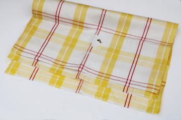 catalog photo of vintage linen fabric for kitchen towel or table runner, yellow white plaid w/ red