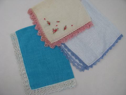 photo of vintage linen handkerchiefs lot, handmade lace edging, crochet and tatting #3