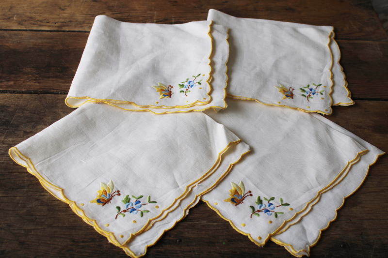 photo of vintage linen napkins w/ butterflies embroidery, unused mid century table linens #1