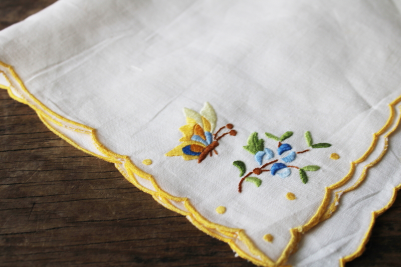 photo of vintage linen napkins w/ butterflies embroidery, unused mid century table linens #2