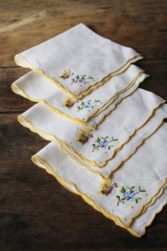 photo of vintage linen napkins w/ butterflies embroidery, unused mid century table linens #3