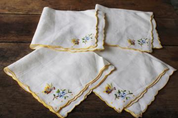 vintage linen napkins w/ butterflies embroidery, unused mid century table linens