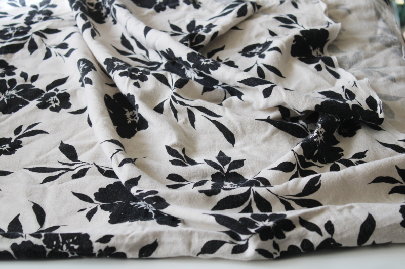 photo of vintage linen rayon fabric, modern floral silhouettes print black on natural flax color #1