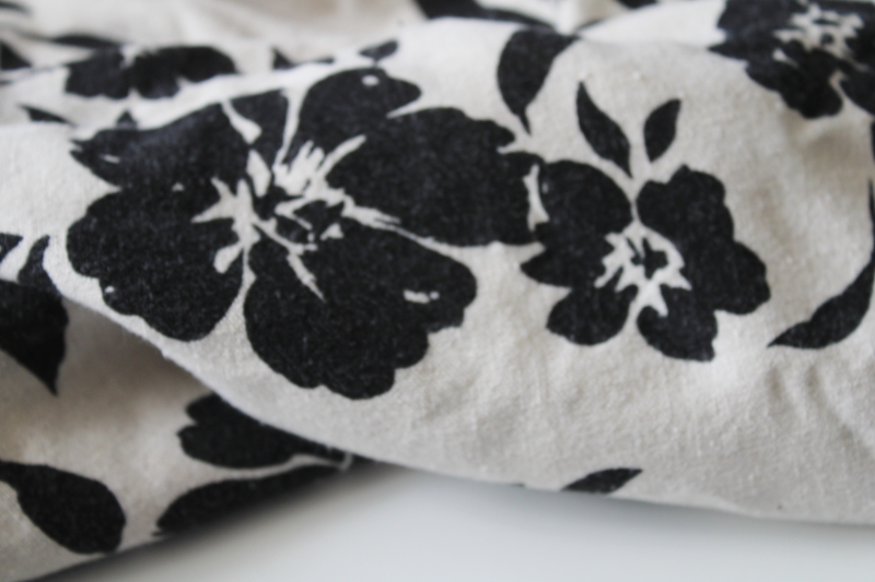 photo of vintage linen rayon fabric, modern floral silhouettes print black on natural flax color #4