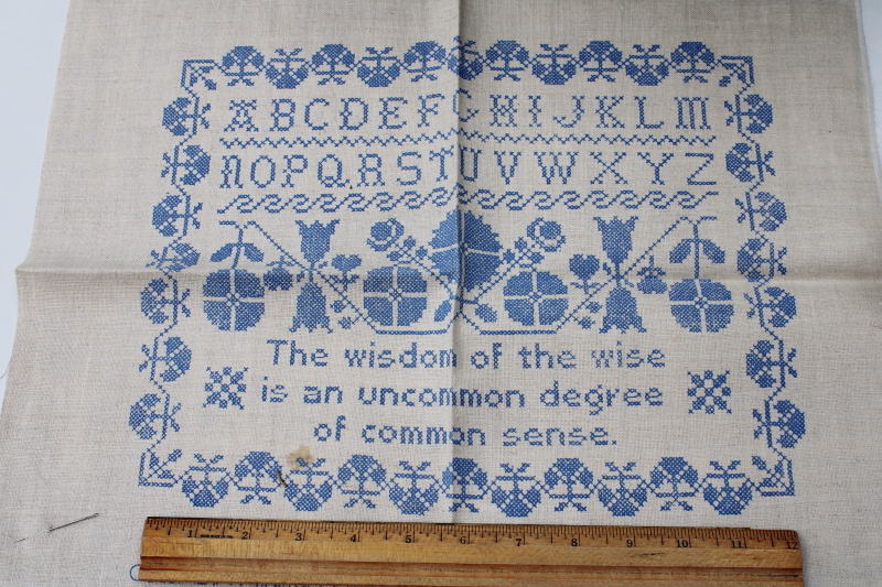 photo of vintage linen sampler stamped cross stitch embroidery Wisdom - Common Sense #1