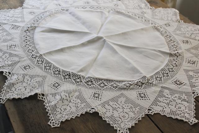 photo of vintage linen table cover topper centerpiece, handmade lace filet crochet edging #1