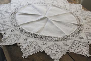 catalog photo of vintage linen table cover topper centerpiece, handmade lace filet crochet edging