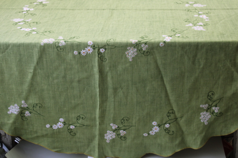 photo of vintage linen tablecloth, 66 inch round cloth grass green w/ hand embroidered daisies #1