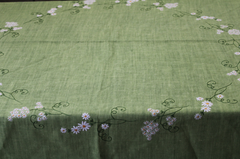 photo of vintage linen tablecloth, 66 inch round cloth grass green w/ hand embroidered daisies #2