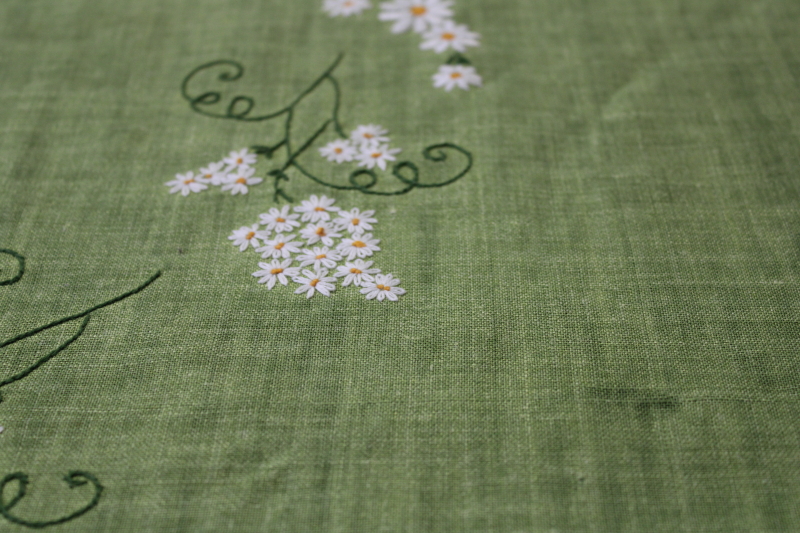 photo of vintage linen tablecloth, 66 inch round cloth grass green w/ hand embroidered daisies #3