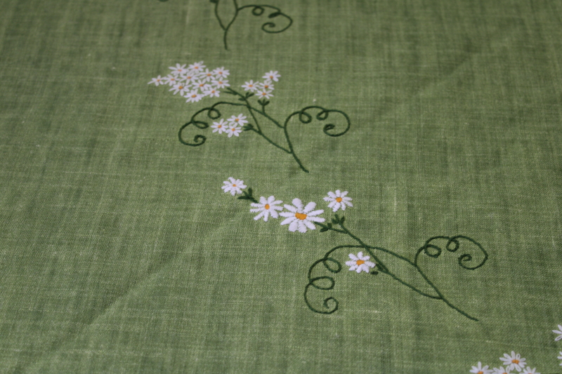 photo of vintage linen tablecloth, 66 inch round cloth grass green w/ hand embroidered daisies #4