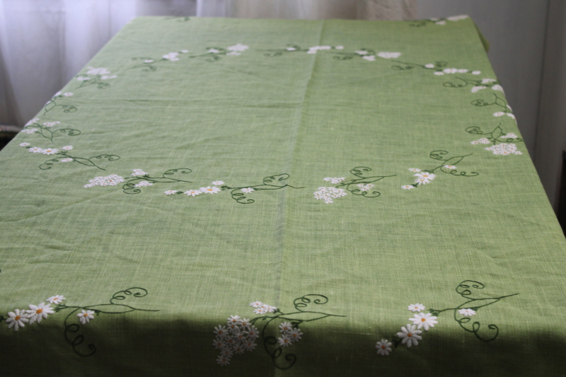 photo of vintage linen tablecloth, 66 inch round cloth grass green w/ hand embroidered daisies #7