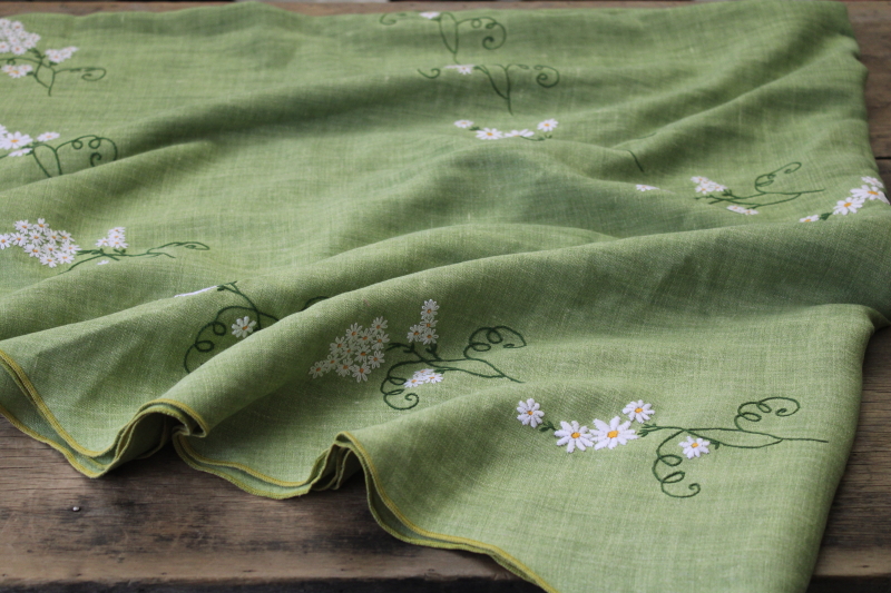 photo of vintage linen tablecloth, 66 inch round cloth grass green w/ hand embroidered daisies #8