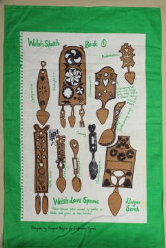 catalog photo of vintage linen tea towel w/ Welsh carved wood spoons print, souvenir of Wales