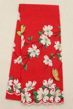 catalog photo of vintage linen tea towel, dogwood and butterfly print on red kitchen towel