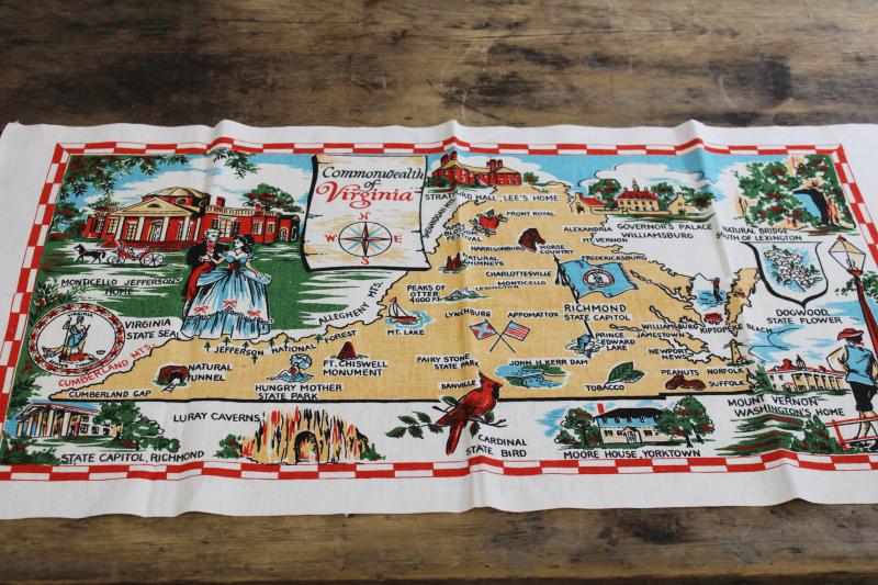 photo of vintage linen tea towel, historic Virginia state map print travel souvenir #1