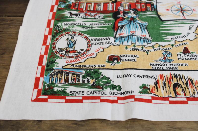 photo of vintage linen tea towel, historic Virginia state map print travel souvenir #2