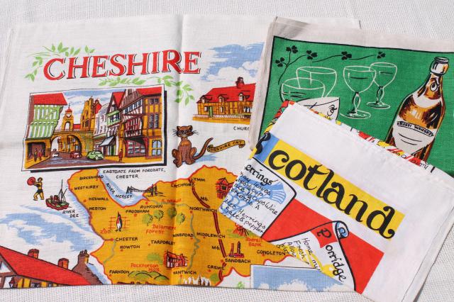 photo of vintage linen tea towels, souvenirs of Cheshire, Ireland, Scotland w/ recipe or map prints #1