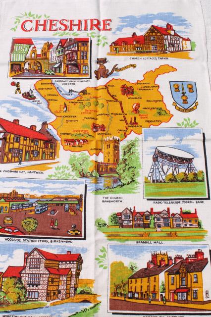 photo of vintage linen tea towels, souvenirs of Cheshire, Ireland, Scotland w/ recipe or map prints #5