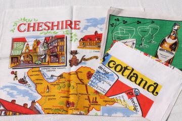 catalog photo of vintage linen tea towels, souvenirs of Cheshire, Ireland, Scotland w/ recipe or map prints