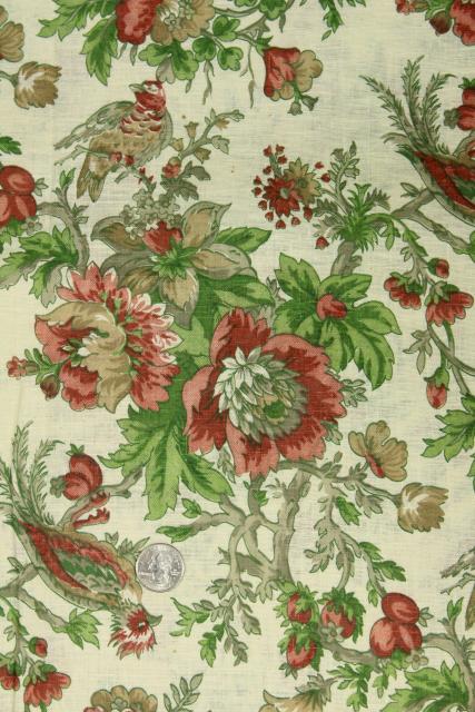 photo of vintage linen weave cotton decorator fabric, Chinese peonies & pheasants floral print #1