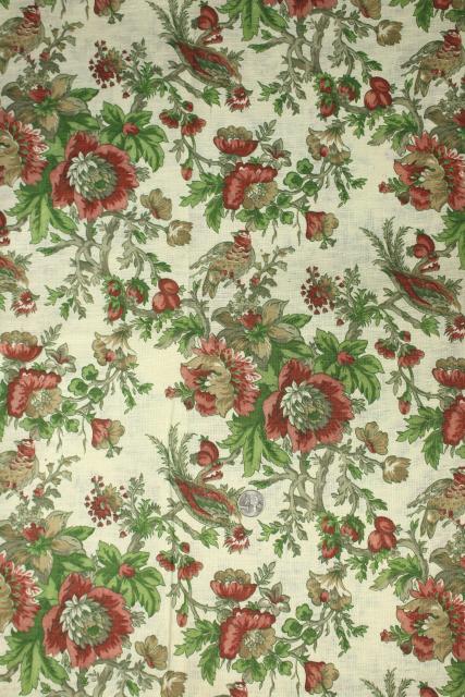 photo of vintage linen weave cotton decorator fabric, Chinese peonies & pheasants floral print #2