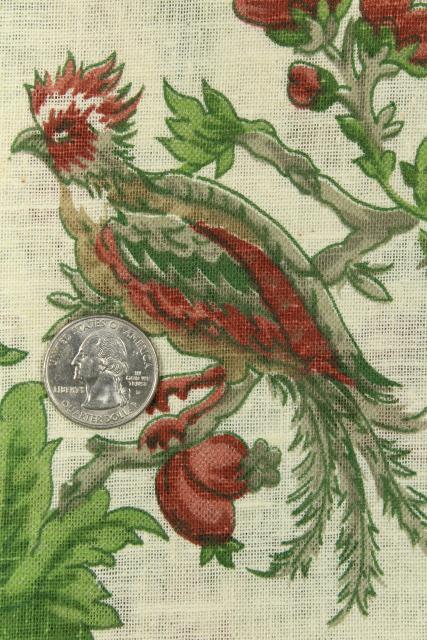 photo of vintage linen weave cotton decorator fabric, Chinese peonies & pheasants floral print #3