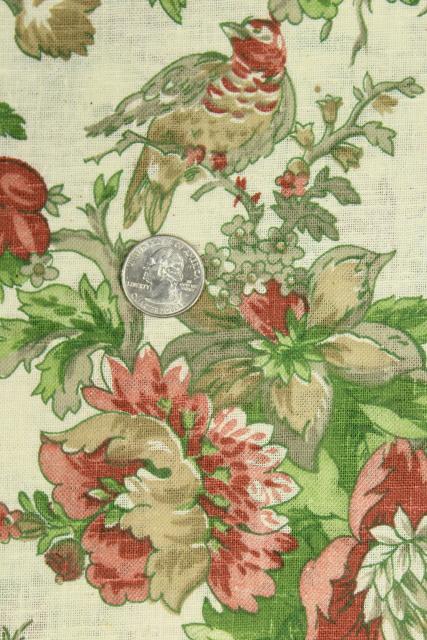 photo of vintage linen weave cotton decorator fabric, Chinese peonies & pheasants floral print #4