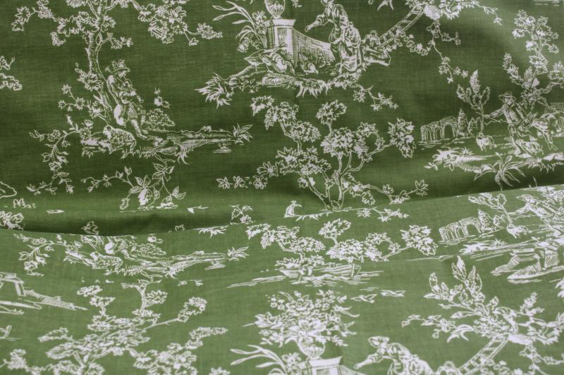 photo of vintage linen weave cotton fabric, french country scenes toile print olive green / white #1