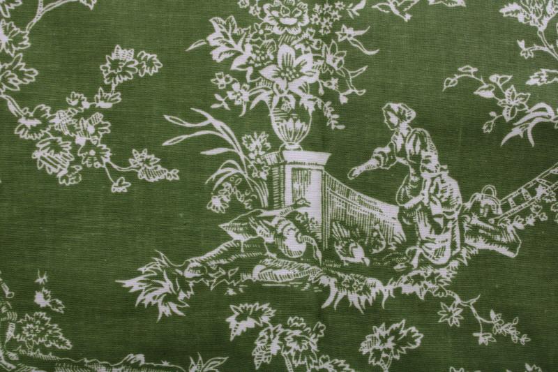 photo of vintage linen weave cotton fabric, french country scenes toile print olive green / white #2