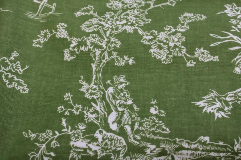 photo of vintage linen weave cotton fabric, french country scenes toile print olive green / white #3