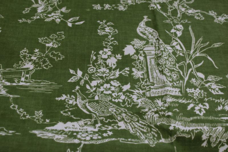 photo of vintage linen weave cotton fabric, french country scenes toile print olive green / white #4